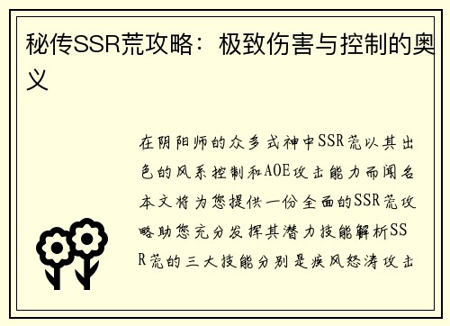 秘传SSR荒攻略：极致伤害与控制的奥义